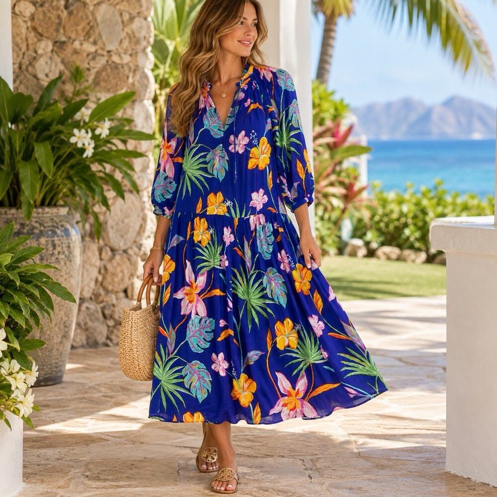 NWT Tori Richard Althea Dress S Tropical Floral Hawaiian Resort Midi Travel $188